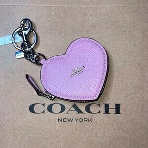 COACH Pink Leather Heart Bag Charm Coin Purse Keychain CP371 Silver Hardware NWT